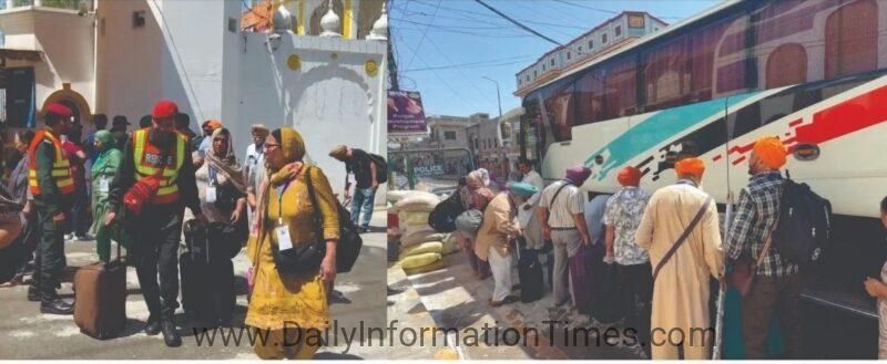 Indian Sikh pilgrims boarding buses at Gurdwara Sacha Sauda after Baisakhi celebrations.