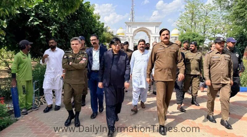 ​Sheikhupura police and district administration officials inspecting security at Gurdwara Sacha Sauda for Baisakhi.