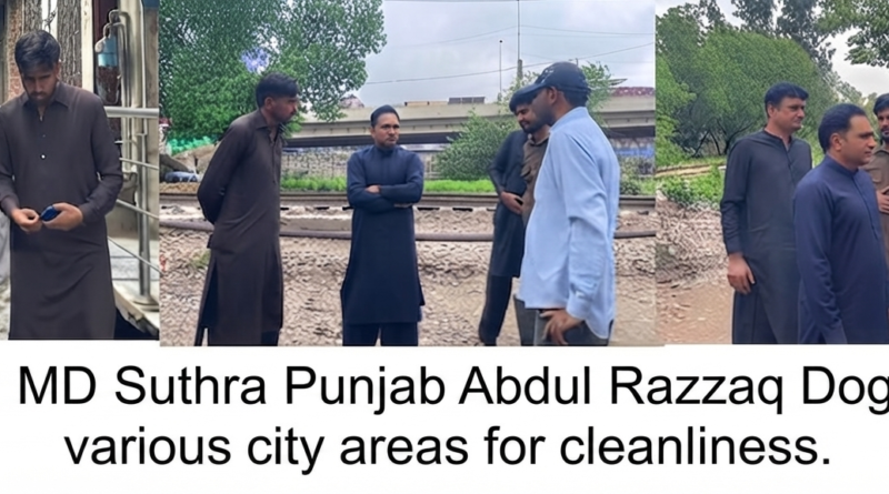 Gujranwala Waste Management Company CEO Abdul Razzaq Dogar inspecting cleanliness operations following monsoon rains and giving instructions to the field staff.